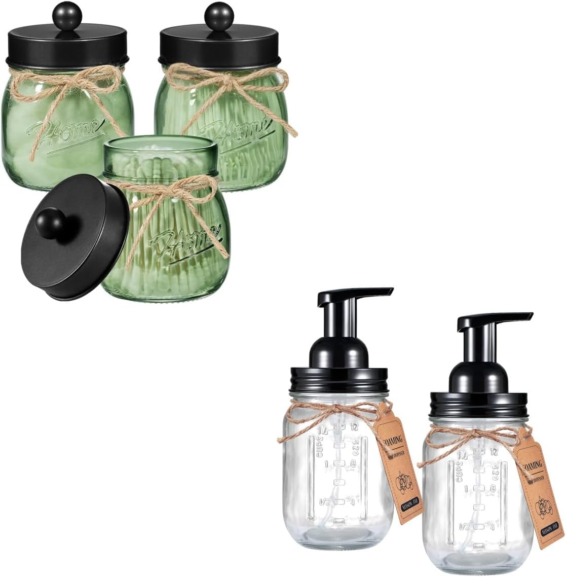 SheeChung Mason Jar Foaming Soap Dispenser & 2 Green Glass Qtip Holder Dispenser, Stainless Steel Lid, Bathroom Organizers and Storage, Green Bathroom Decor