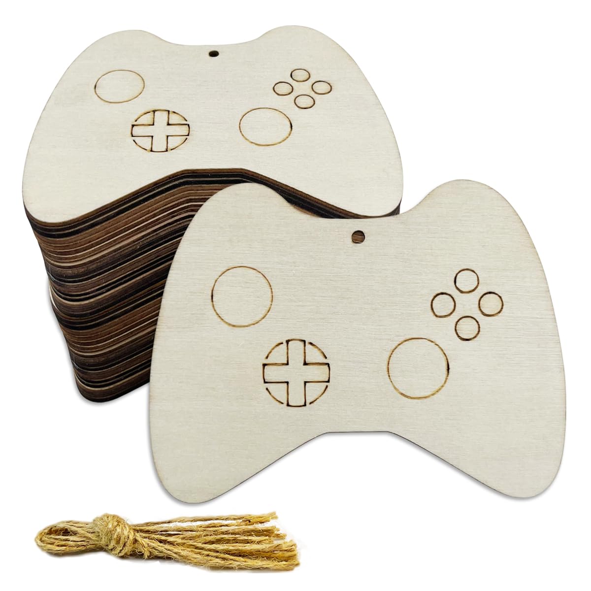 30 Pcs 4 Inch Unfinished Game Controller Wood DIY Crafts Cutouts Wooden Game Controller Shaped Hanging Ornaments with Hole Hemp Ropes Gift Tags for