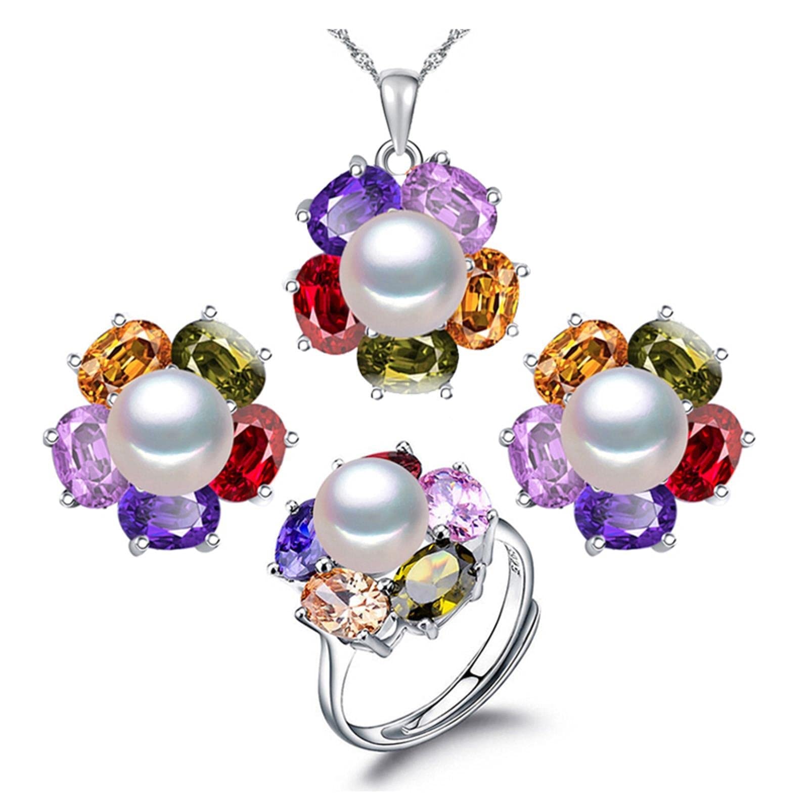 LOKILOKI LOKILOKI Conjuntos De Joyas De Plata De Ley 925 Pendientes De Perlas De Agua Dulce Naturales para Mujeres Collar con Colgante De Flores Anillo Conjunto De Boda