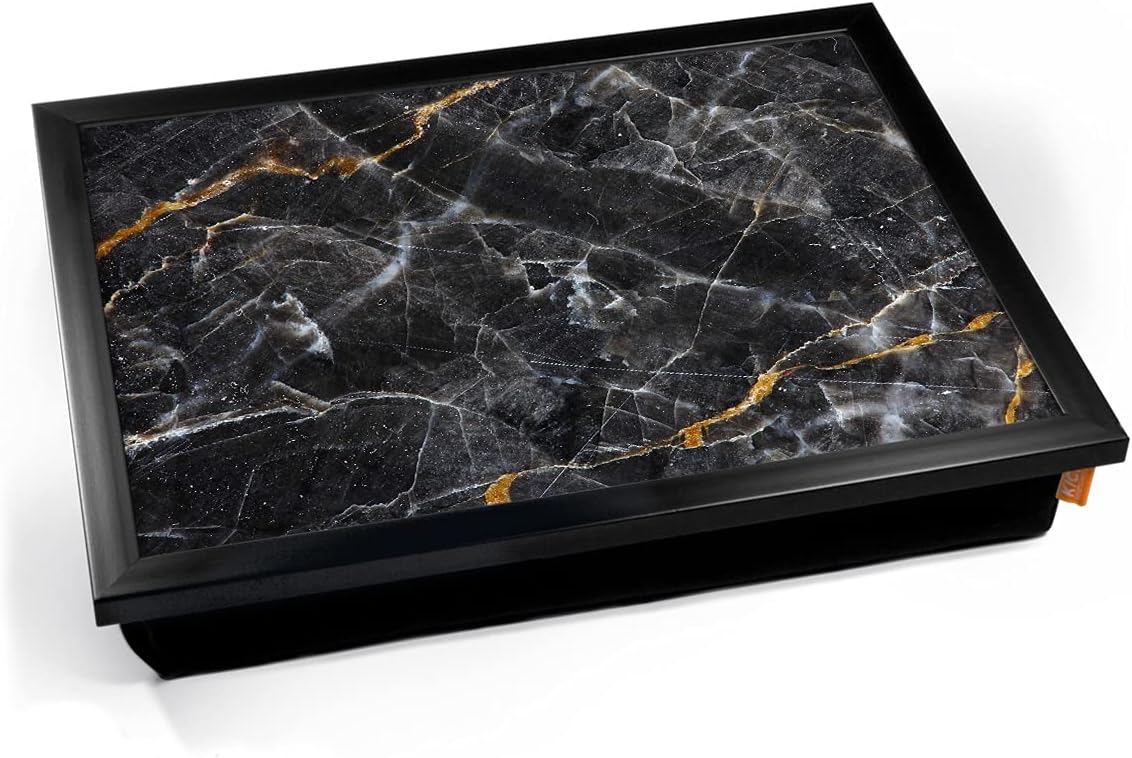 KICO Black Onyx Marble Print Cushioned Lap tray Breakfast Bed Lap Tray Desk - Black Frame