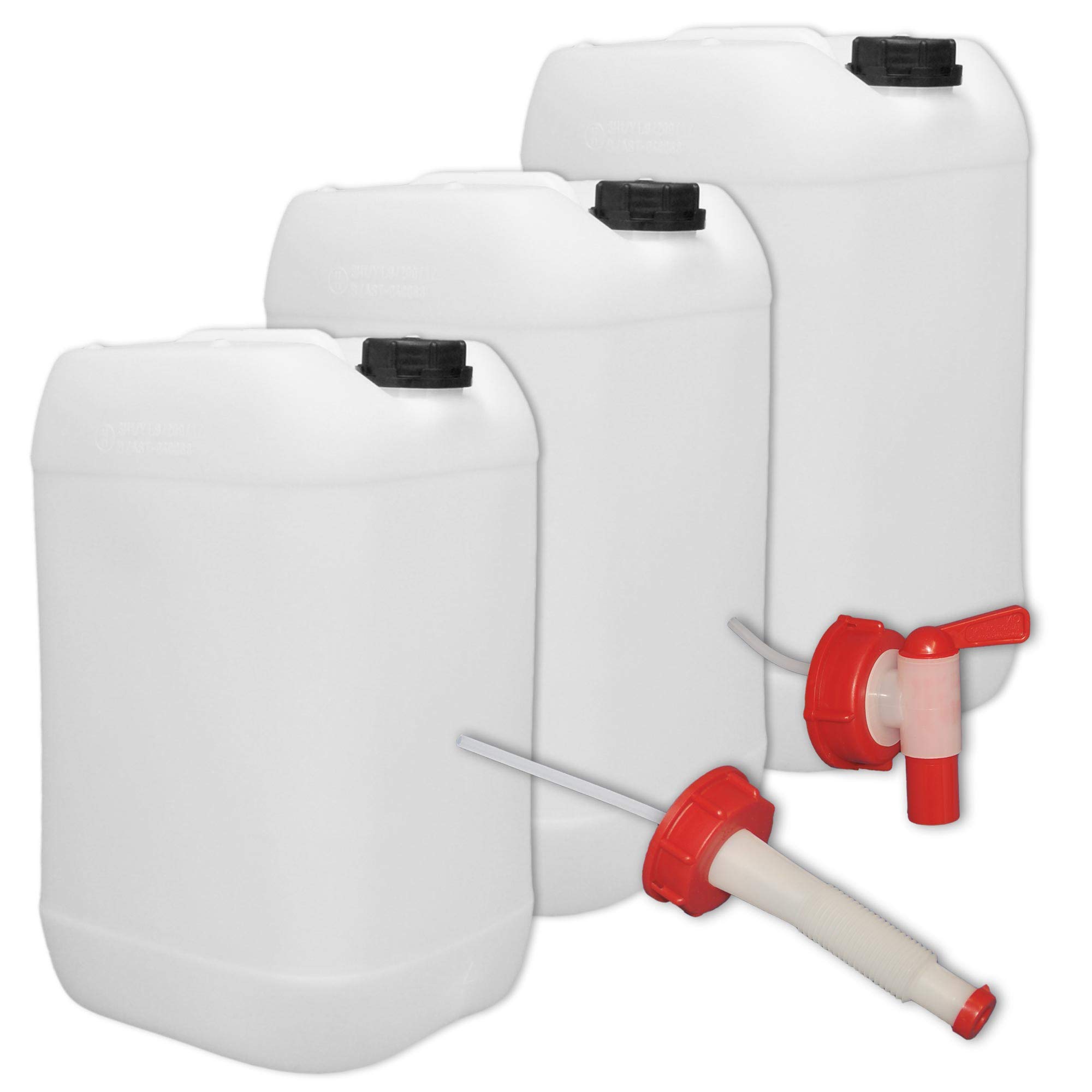 plasteo® 3er Stück Set: 25 Liter Getränke- Wasserkanister Natur mit Hahn, Schraubdeckel und flexiblem Ausgießer (DIN 61) | Lebensmittelecht | Tragbar | Indoor und Outdoor | BPA Frei