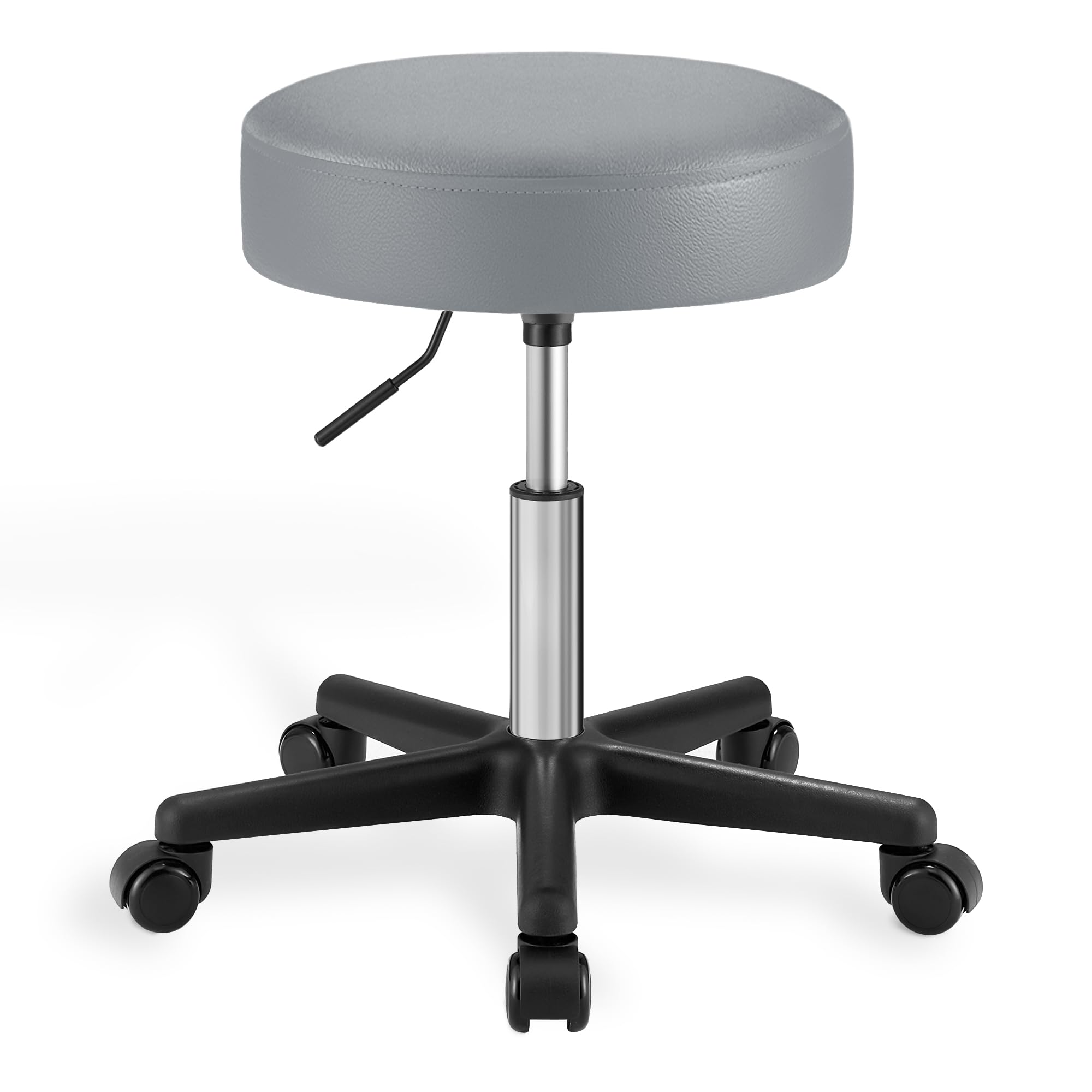 SONGMICS Sgabello Girevole con Ruote, Altezza Regolabile 46-58 cm, Sgabello da Bar Imbottito Rivestito in PU, Sgabello da Lavoro per Studio Ufficio Salone di Bellezza, Grigio Tortora LJB061G01
