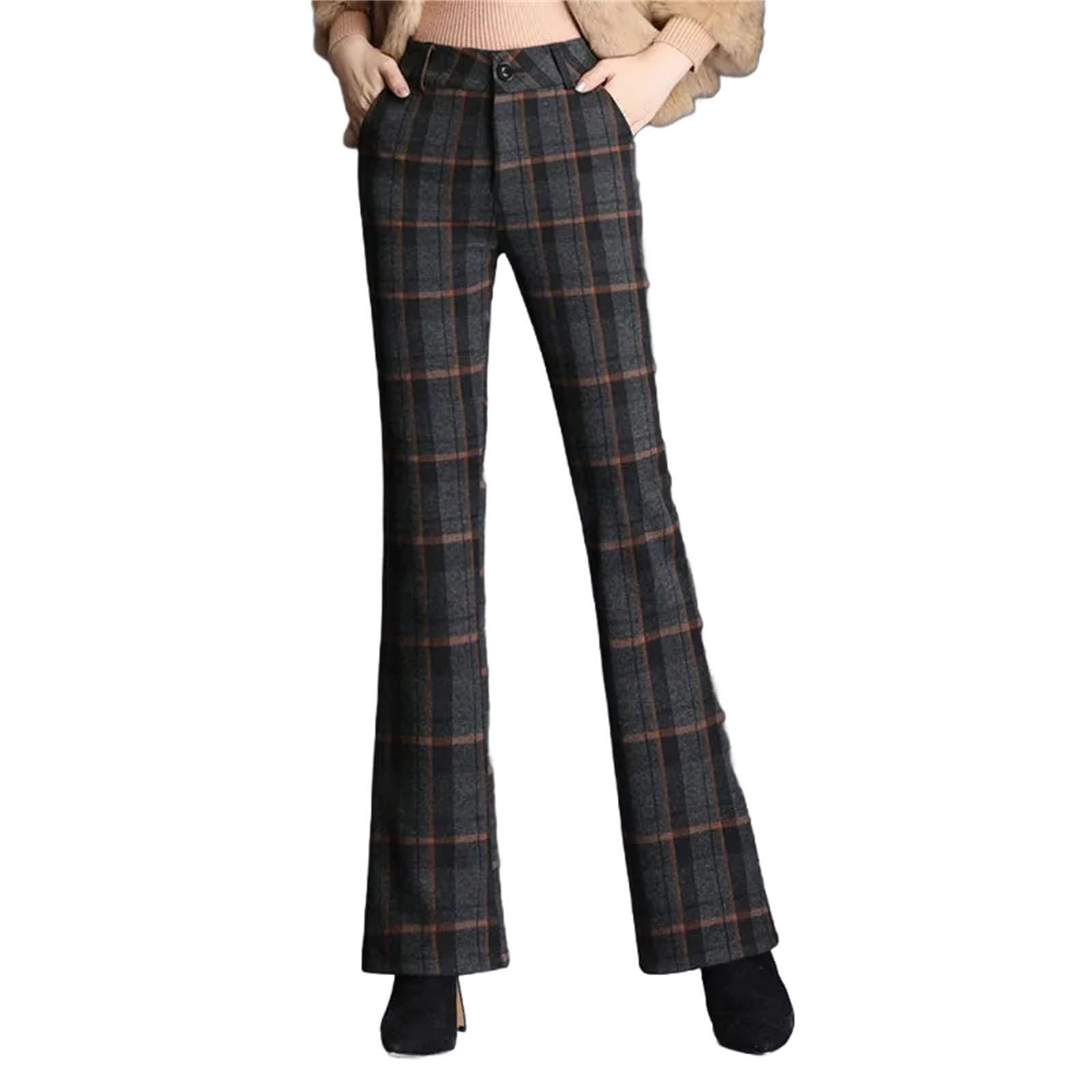 Womens Winter Thicken Wool Flare Pants Streetwear Fashion High Waist Plaid Casual Loose Wide Leg Trousers