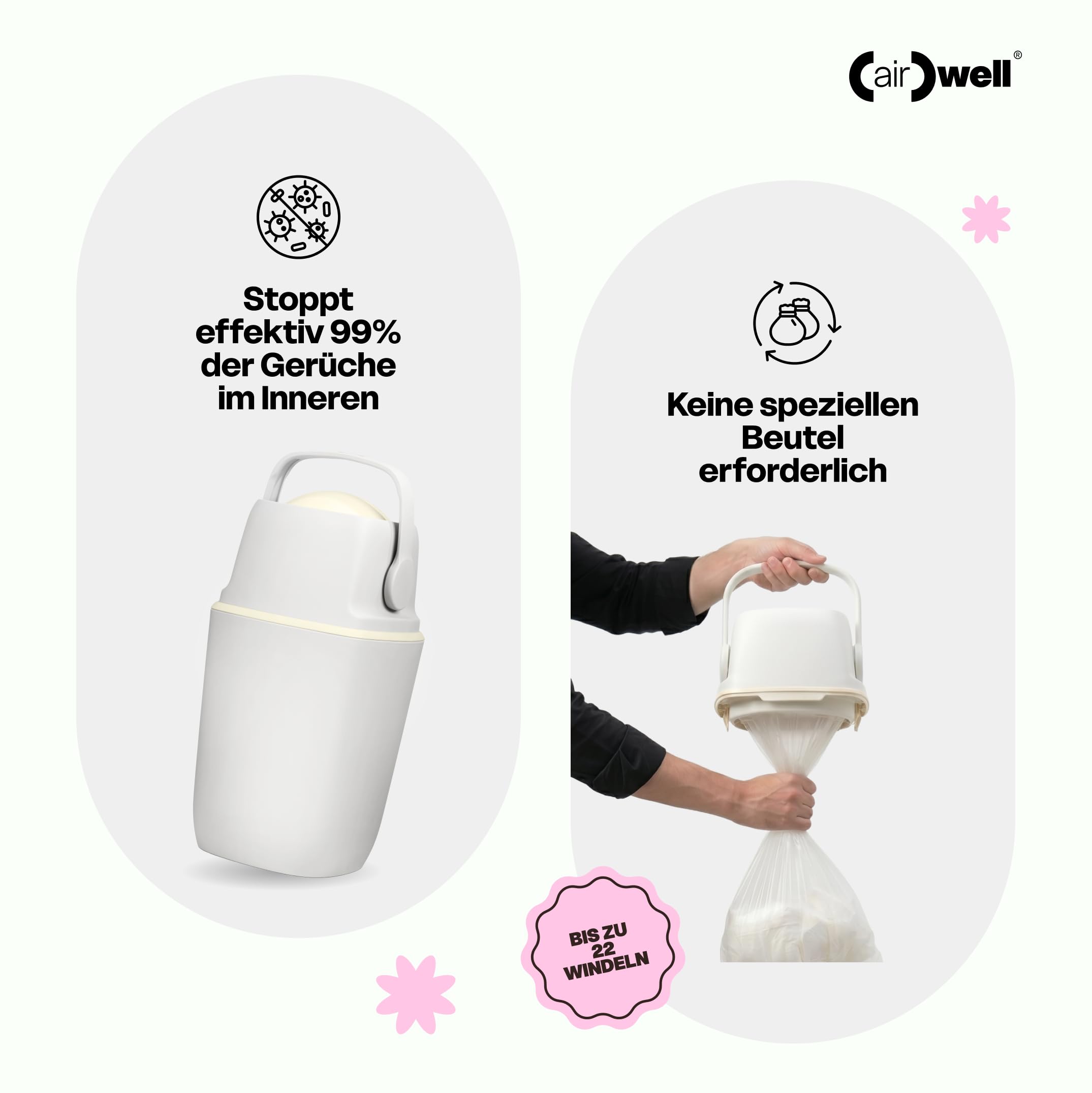 (air)well bin Windeleimer Geruchsdicht – Windelmülleimer mit Geruchsstopp-System, Einhändige Bedienung, Kapazität bis zu 22 Windeln, Hygienischer Wickeleimer für Badezimmer & Babyzimmer (Grey)