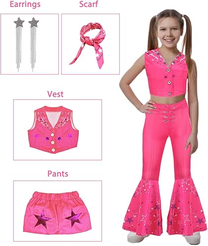 Miniatura 2 de Disfraz de vaquera rosa para niñas, trajes de discoteca hippie de los años 70 y 80 para niños, disfraz de cosplay de Halloween con accesorios