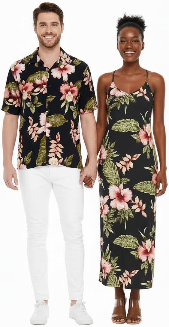 Matchable Couple Hawaiian Luau Shirt Matching Sweetheartor Sweetheart Maxi Dress in Black Rafelsia
