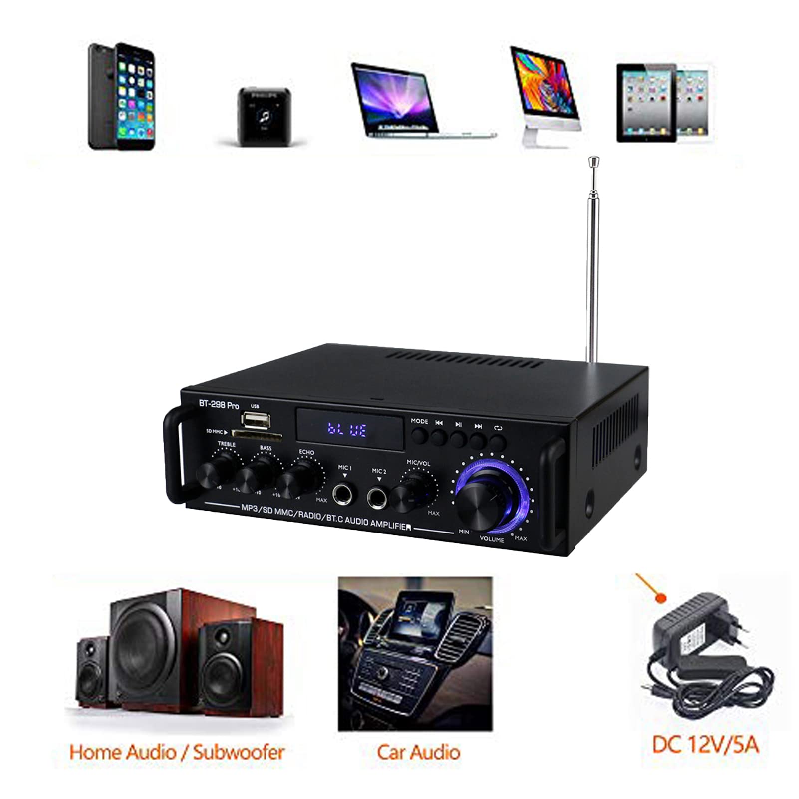 800W Amplificador Audio BT, HiFi Audio Estéreo Amplificador 2CH Pantalla LCD de Alta fidelidad, BT FM Radio Portátil Auto Home 12 V/220V, Mando a Distancia Audio Amplificador