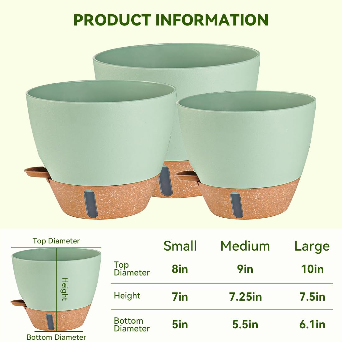 Nuotuv 8/9/10 Inch Large Self Watering Pots, Plastic Flower Pots with Multi Mesh Drainage Holes and Water Level Indicator & Deep Reservoir for Indoor Outdoor Garden Plants and Flowers (): Green