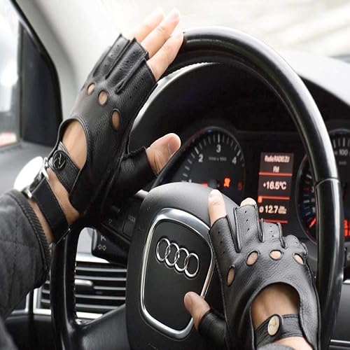 Miniatura 4 de Guantes de cuero sin dedos para hombre, guantes de conducción de piel de ciervo sin forro de medio dedo motocicleta al aire libre