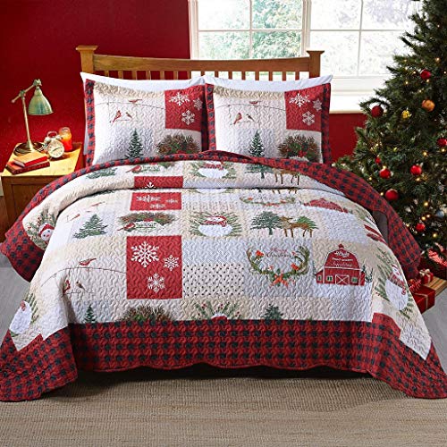MarCielo 3 Piece Christmas Quilt Set, Rustic Lodge Deer Quilt Bedspread Throw Blanket Lightweight Bedspread Coverlet Comforter Set BY013 (King) - Thumbnail 5