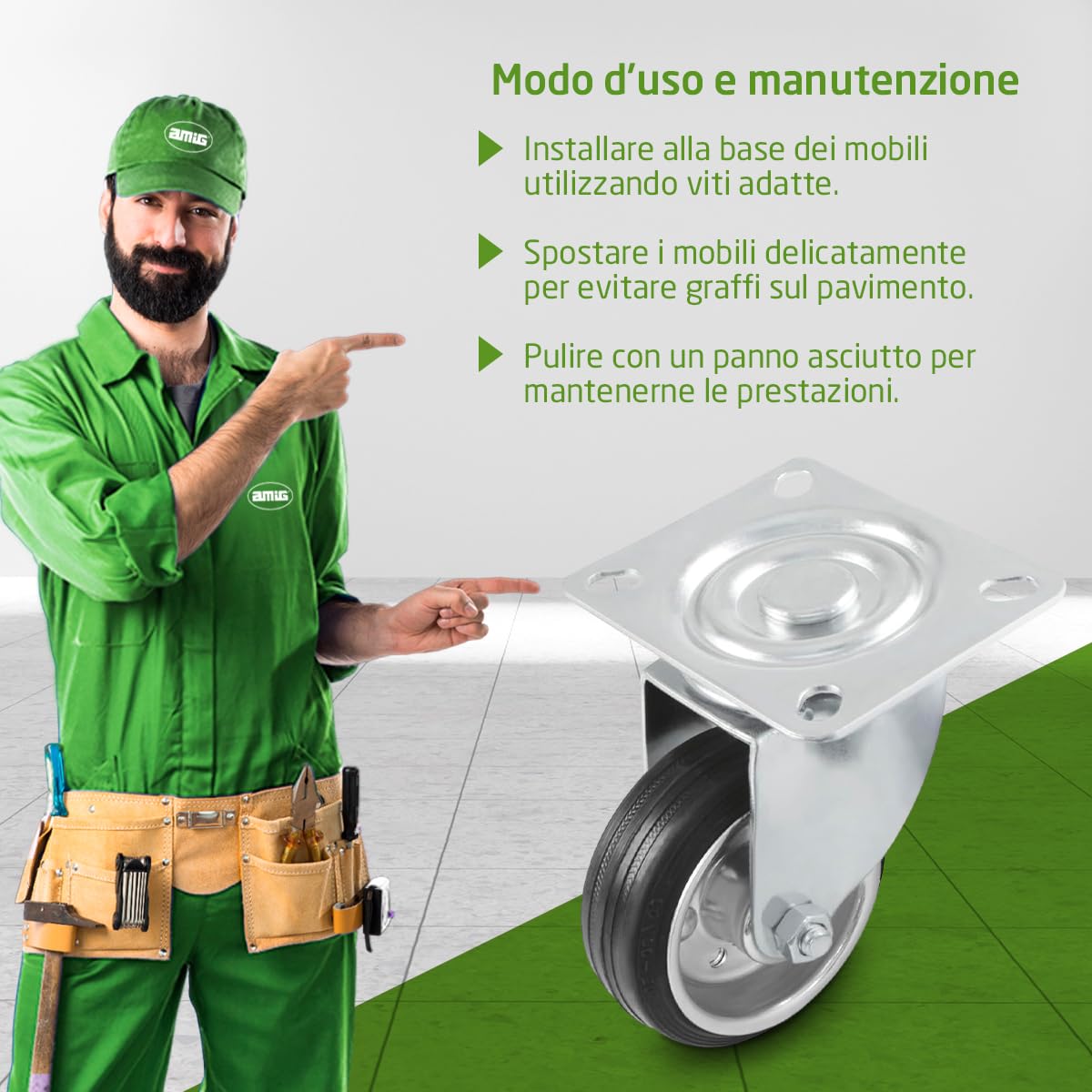 Amig - Set di 4 Ruote per Mobili - Ø 100 mm - Portata Massima per Ruota 90 kg - Piastra in Acciaio - Realizzate in Gomma - Senza Freno - Ideali per Spostare Attrezzature Industriali e Mobili Pesanti