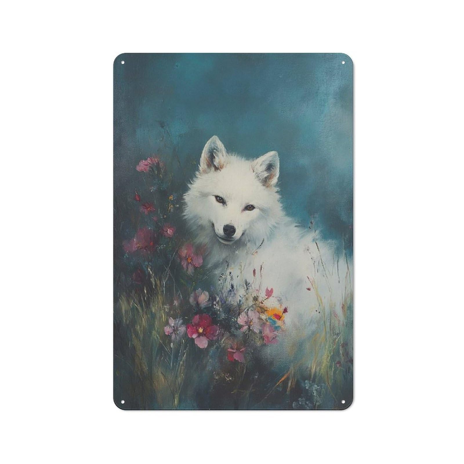 Junmoney White Wolf In Flowers Tin Wall Plaque 30X20cm, Rustic Farmhouse Wall Decor For Dining Room, Cafe, Entryway Or Family Room