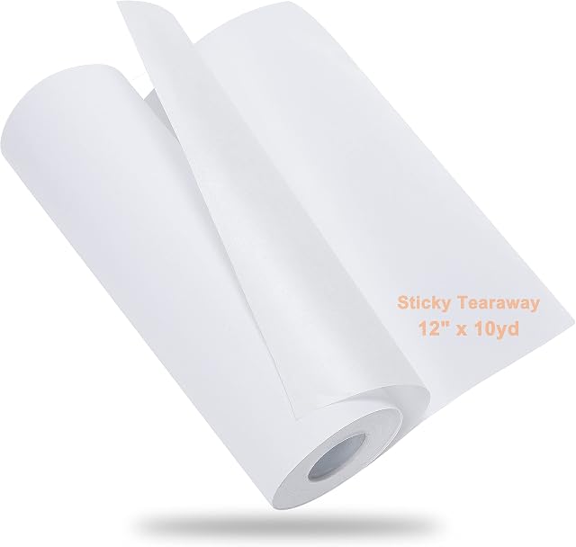 New brothread Sticky Self-Adhesive Tear Away Embroidery Stabilizer Backing 12" x10Yd (30.5cmx9M) roll - Medium Weight for Napped Fabric & Hoop Less Embroidery