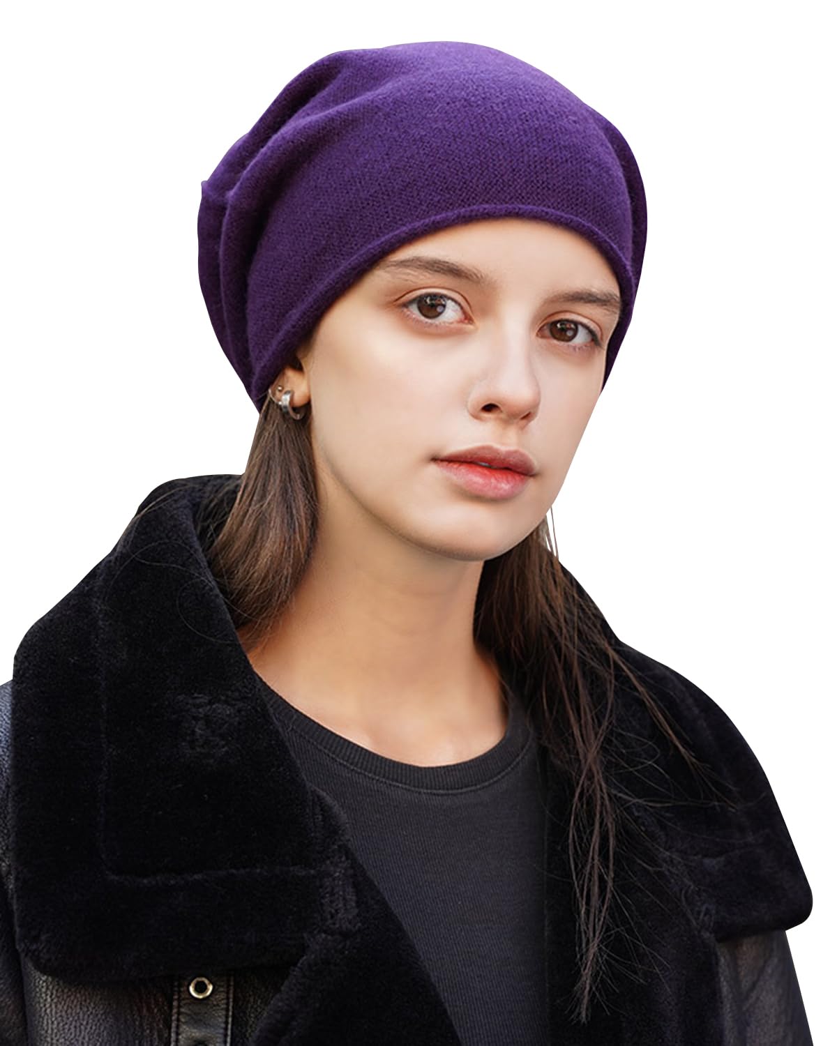 YUONNY 100% kaszmirowa dzianinowa czapka damska, ciepła luźna czapka beanie z zwijanym brzegiem na jesień zimę, wszechstronna miękka czaszka czapki outdoorowe sportowe na narty prezent