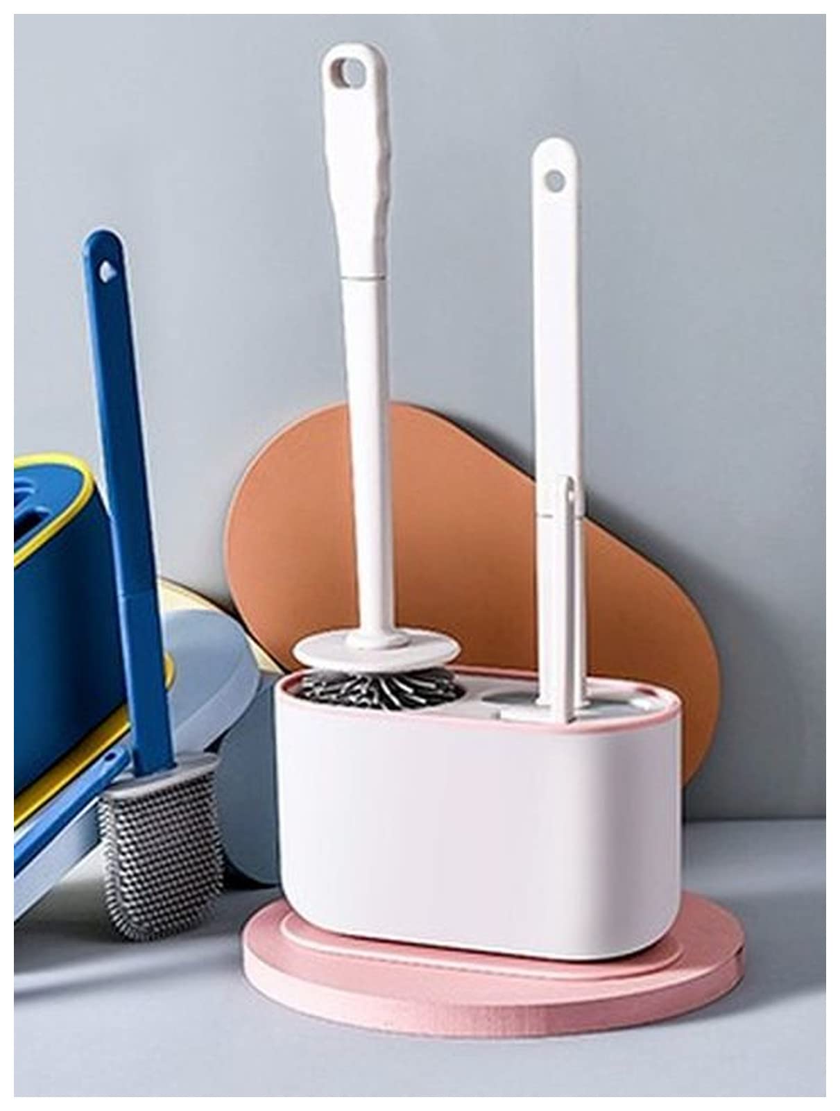 Set Porta scopino per WC 3 in 1 a Parete - Simpatico Strumento per la Pulizia del Bagno con Manico Lungo, Senza Angoli Morti, salvaspazio (Blu)