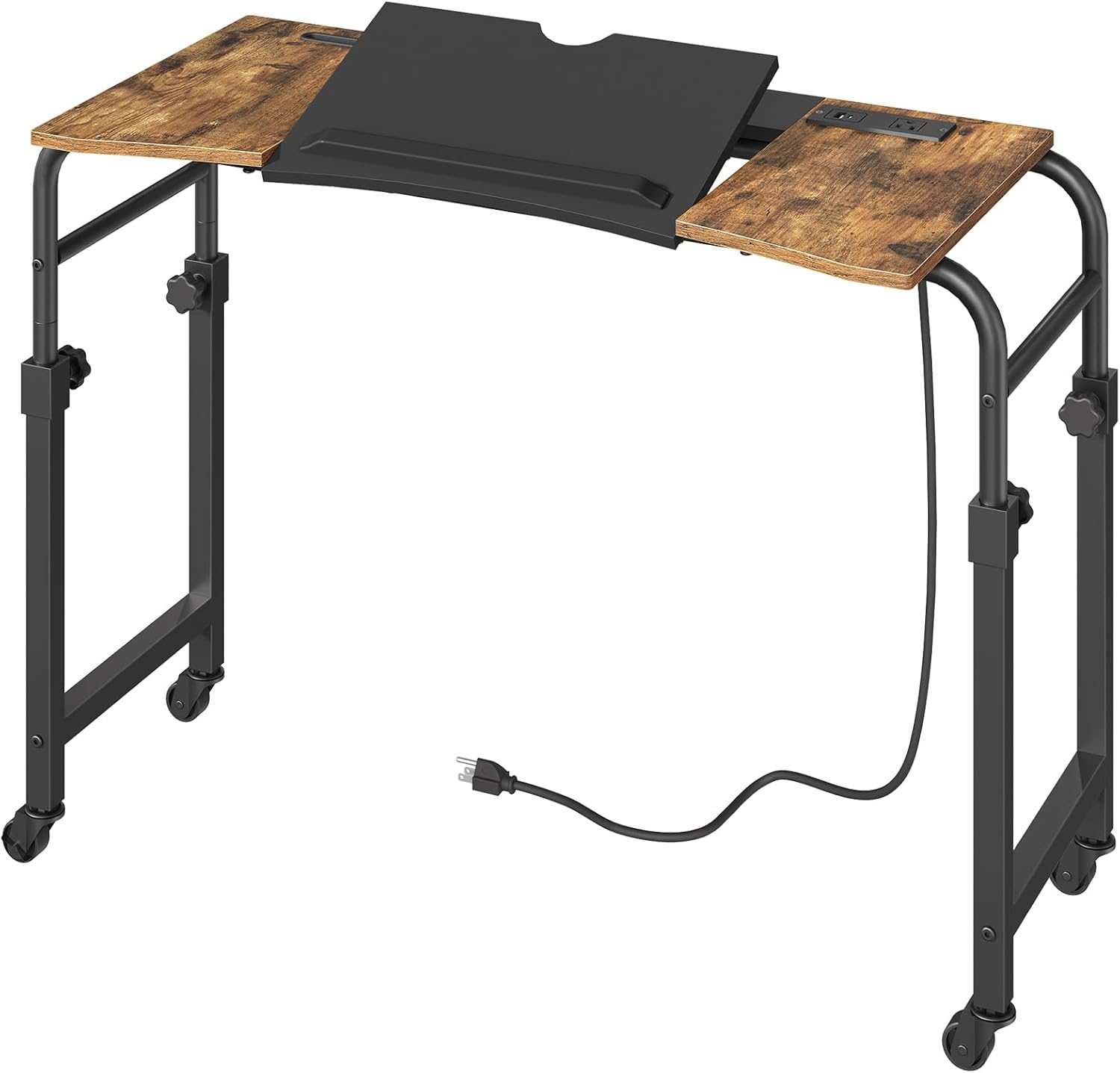 Overbed Table with Charging Station, Recliner Table with Wheels, Over the Bed Table Height Adjustable, Side Table for Bed, Sofa, Office, Rustic Brown and Black SF05UBR