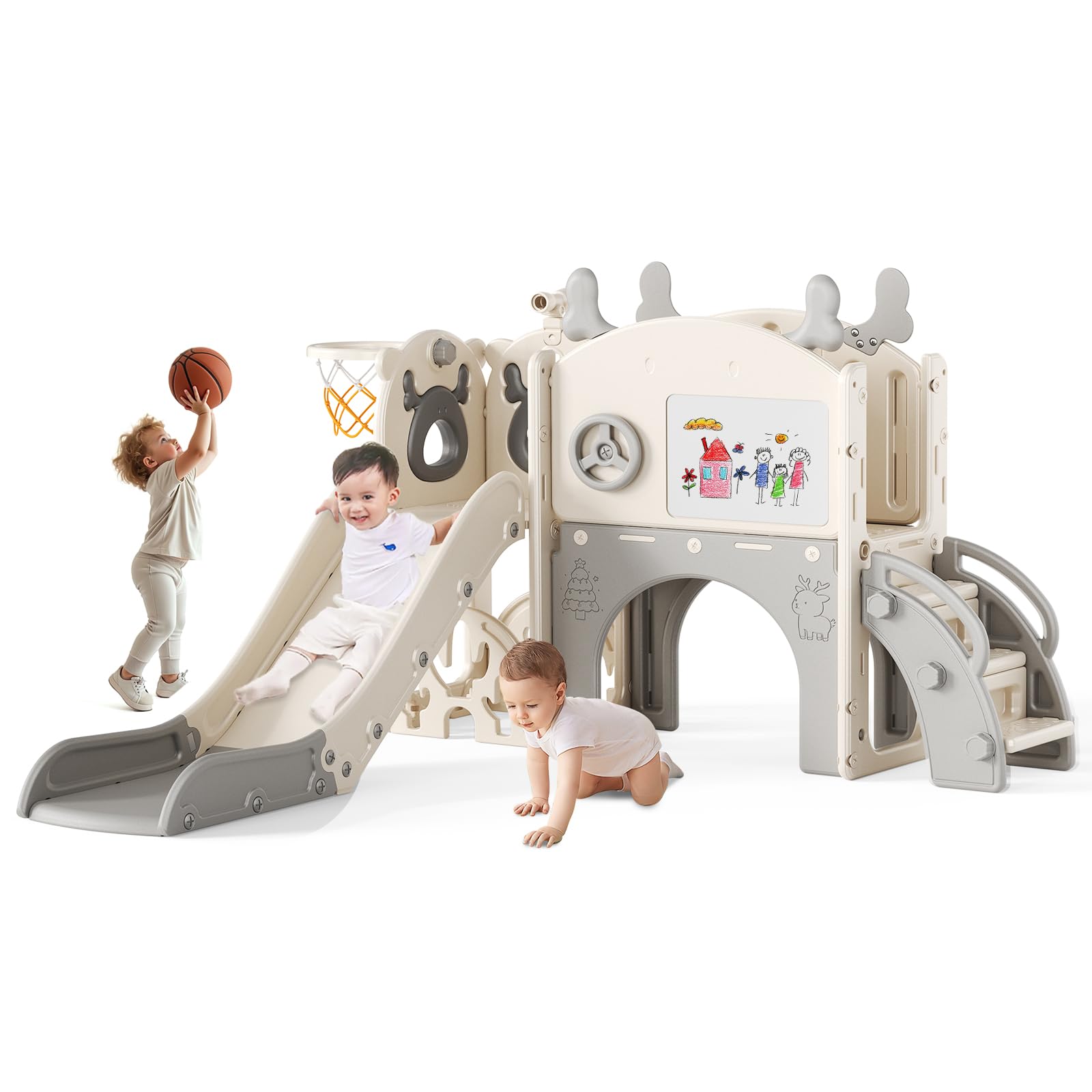 Toboggan pour Tout-Petits sur Le thème de l'élan de Noël de Krovtoy, Toboggan pour Tout-Petits Autonome avec Ensemble de Golf, pour Une Utilisation intérieure/extérieure (Beige Gris- 6 en 1)