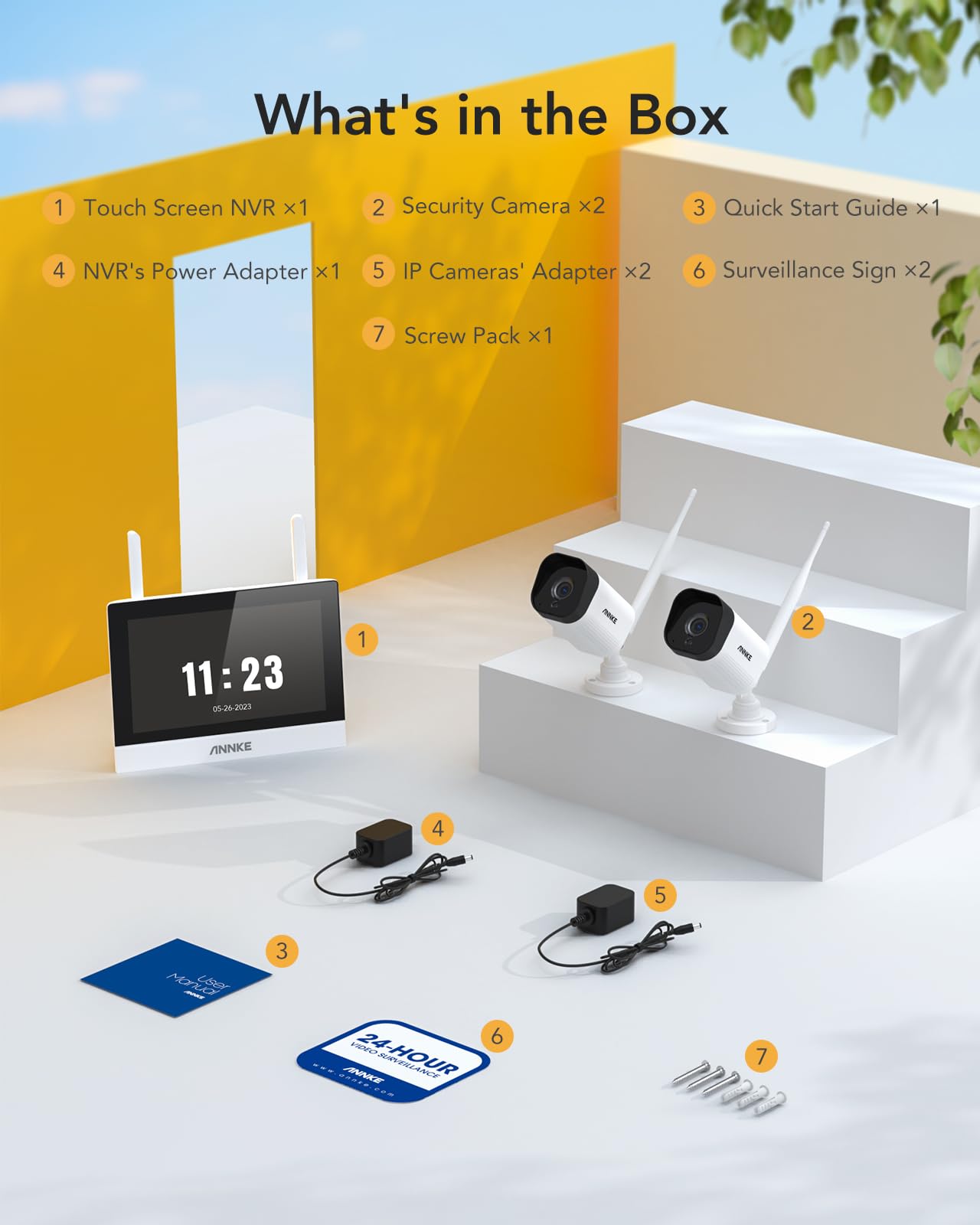 ANNKE Bezprzewodowa kamera do monitoringu 3 MP z monitorem, ekran dotykowy 4CH 5 MP 7", ekran dotykowy NVR, 2 kamery 3 MP, inteligentna sztuczna inteligencja z ostrzeżeniami w czasie rzeczywistym,