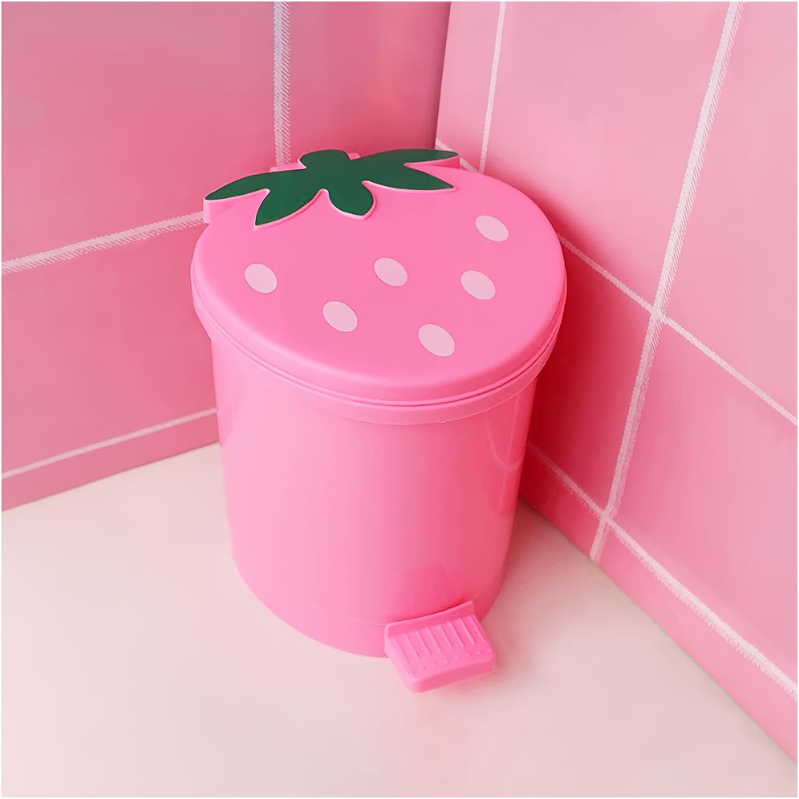 Strawberry Trash Can, 1 Gallon Small Pink Trash Cans Cutecore Room Decor Kawaii Cute Trash Can for Bedroom with 2 Rolls Garbage Bag and 20 PCS 3D Cartoon Stickers (Pink, Small)