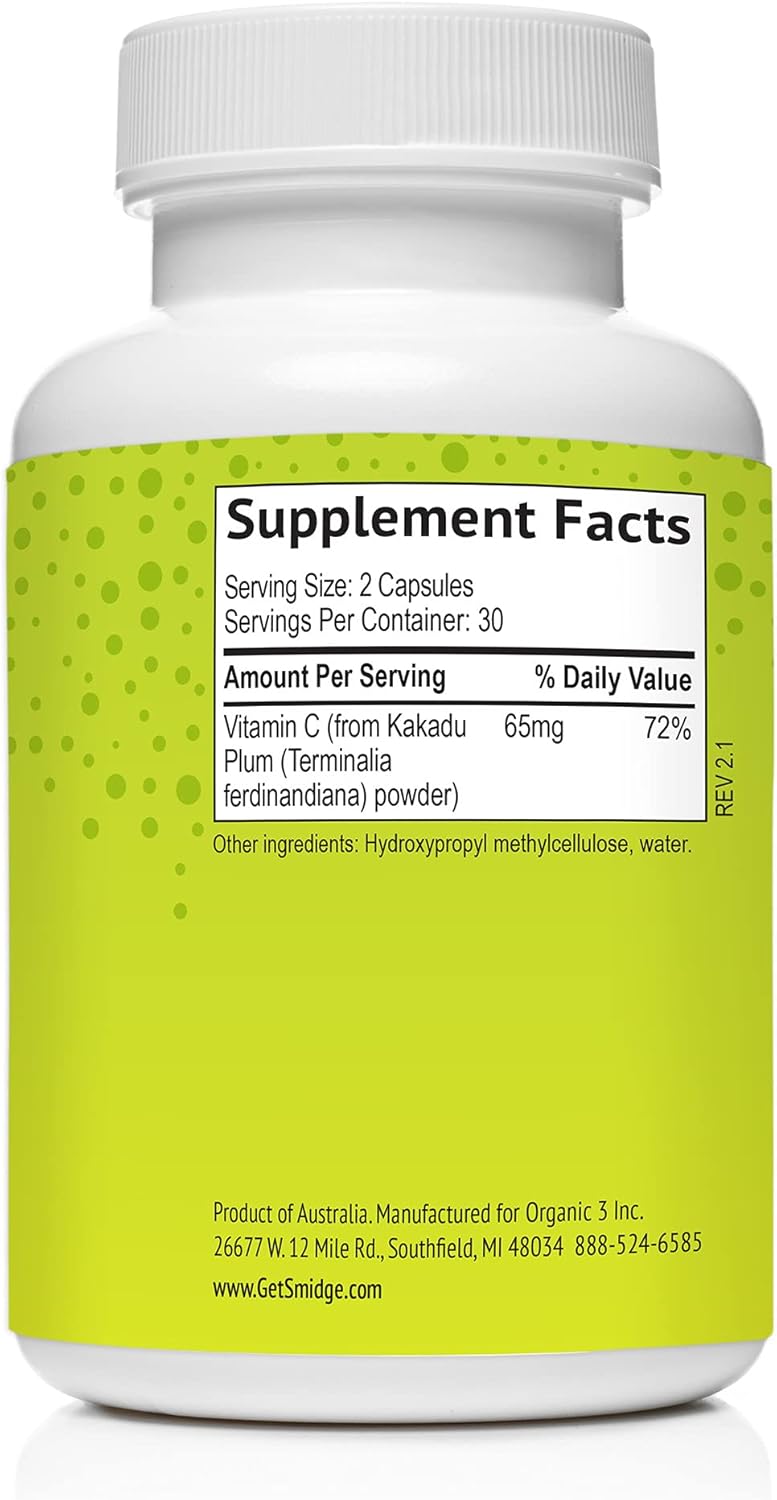 Smidge® Kakadu Plum Capsules, 60 ct. Pure, Non-GMO Vitamin C from Australian Kakadu Plum. No Fillers, No Ascorbic Acid