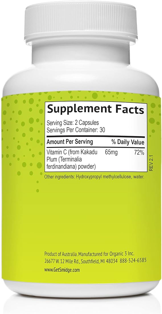 Smidge Kakadu Plum Capsules, 60 ct. Pure, Non-GMO Vitamin C from Australian Kakadu Plum. No Fillers, No Ascorbic Acid