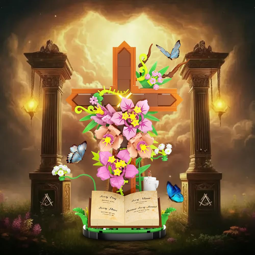 LED Light-Up Christian Cross Building Block Kit (Requires Assembly) – Floral Enchanted Cross with Glowing Accents, Open Bible & Candle, Religious Decor for Adults & Collectors