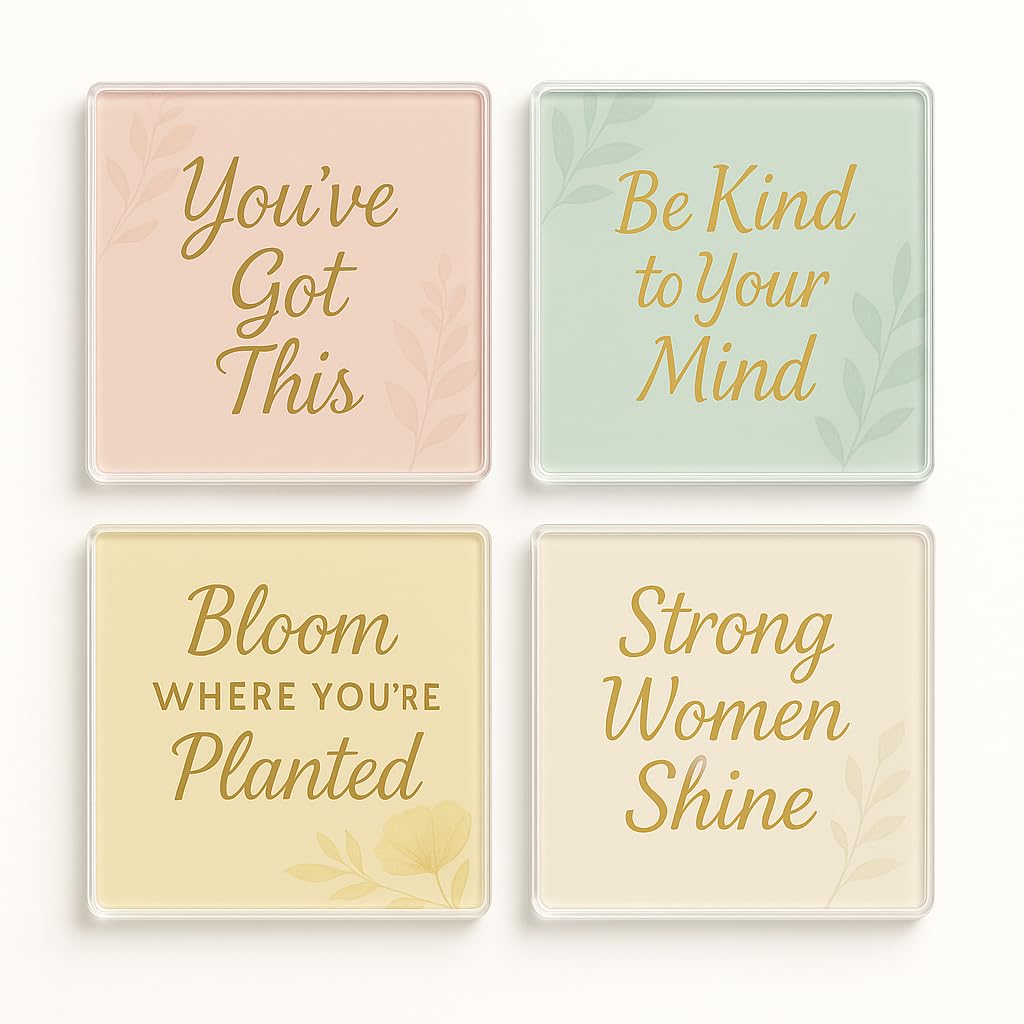 Acrylic Coaster Set of 4 with Mindful Moments Design - Inspirational Self-Care Messages Home Decor for Friends' Wellness