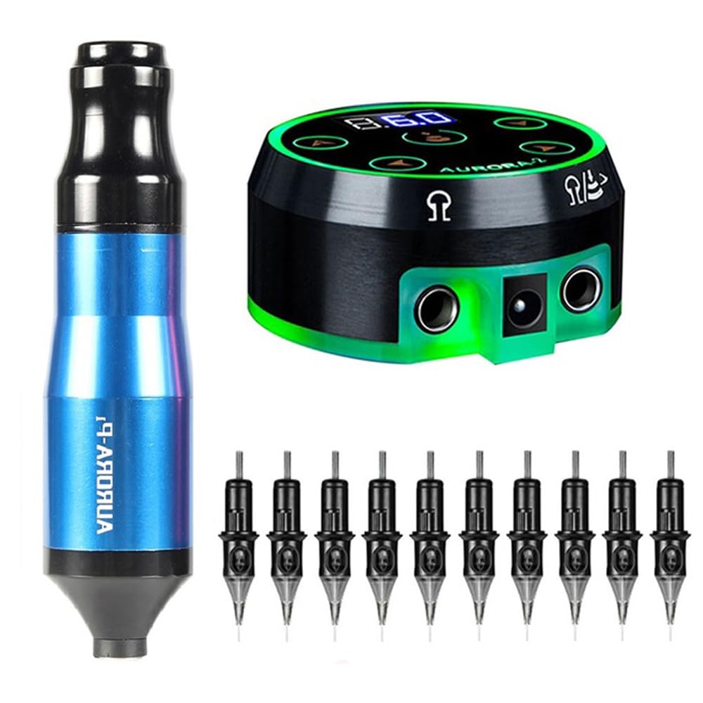 Professional Tattoo Kit Aurora P1 Tattoo Machine Pen For Mini Aurora 2 Tattoo Power Supply With 3RL Tattoo Cartridge Needles Set (Blue)