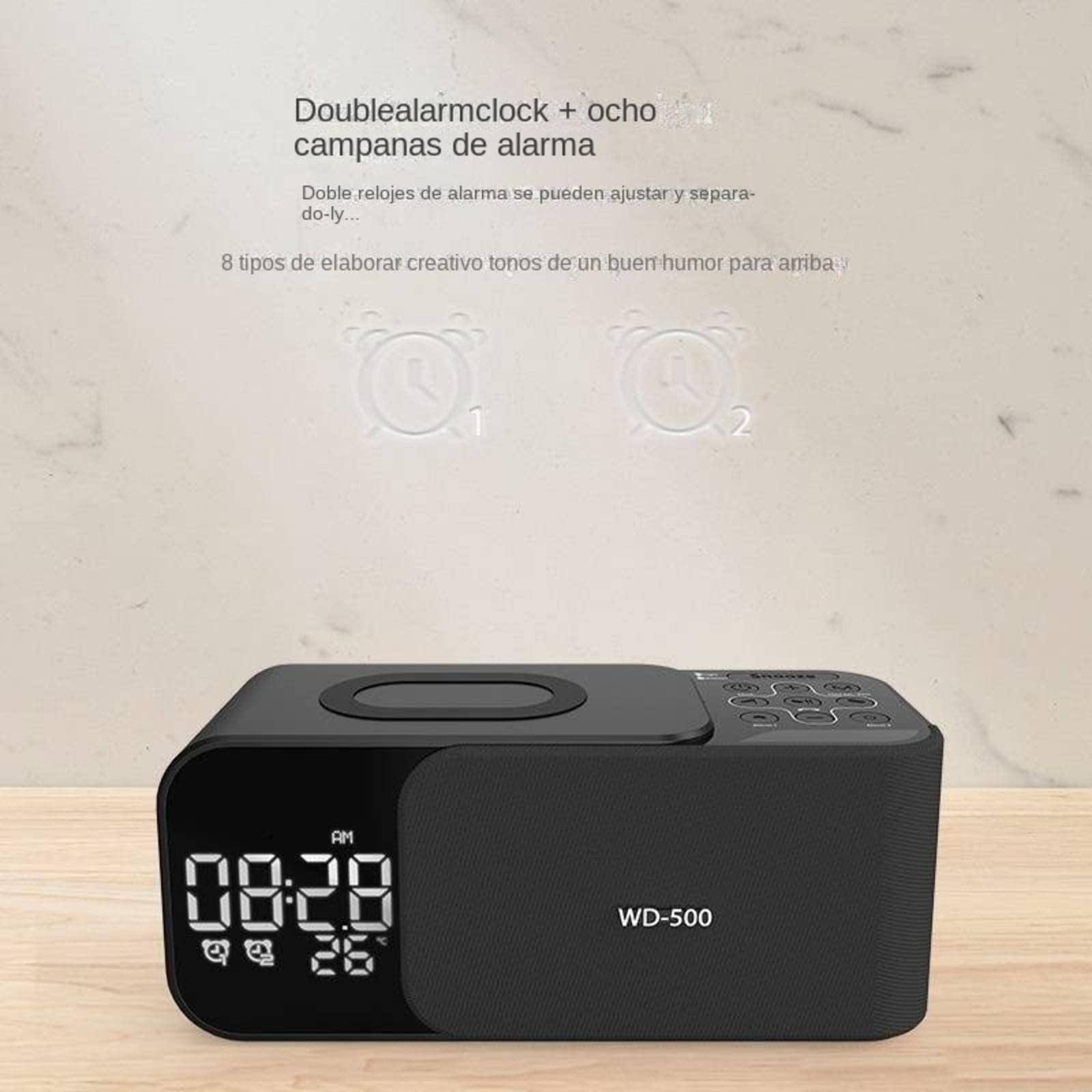 Sveglia Digitale Wireless 3 In 1, Orologio Con Altoparlante Bluetooth Con Ricarica Wireless QI, Display a LED Dimmerabile, Doppia Sveglia + Otto Toni Di Allarme, Per Soggiorno In Camera Da Letto