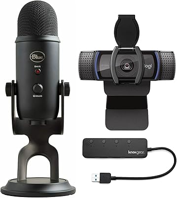 Blue Microphone Yeti USB Microphone Blackout Bundle with C920S Pro HD Webcam and 4-Port USB Hub (3 Items)