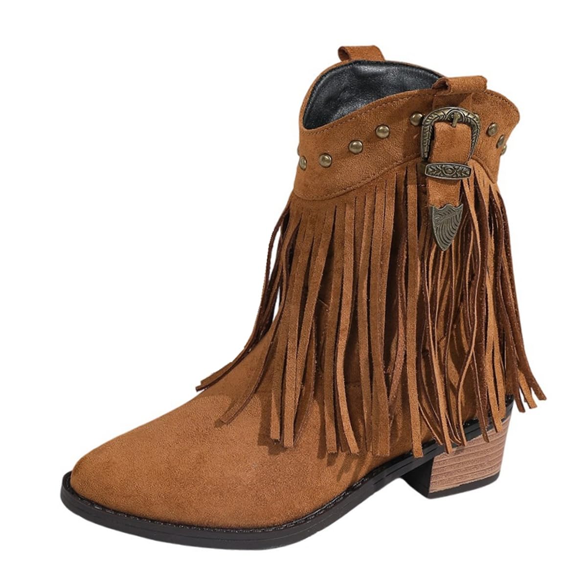 Fringe Cowboy Boots for Women Short Cowgirl Booties Western Fringed Tassel Ankle Boots Suede Chunky Block Heel