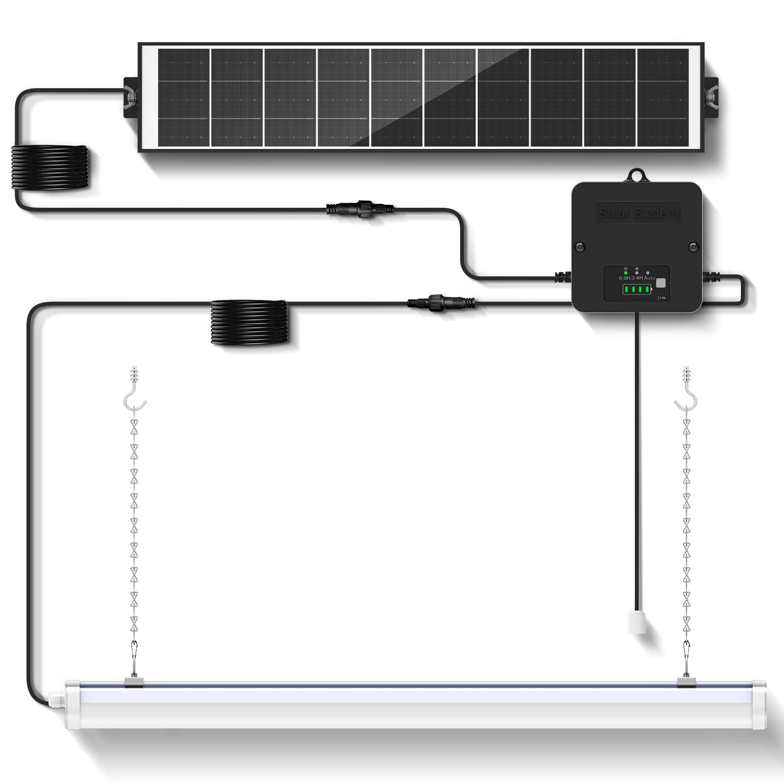 Solar LED Batten Light for Shed Indoor Outdoor, 2.5ft 1500LM 3 Modes Solar Lights with Pull Cord, Garage Lighting Day & Night Use, Power & Mode Indicator, IP65 Waterproof for Shop Porch Gazebo Barn