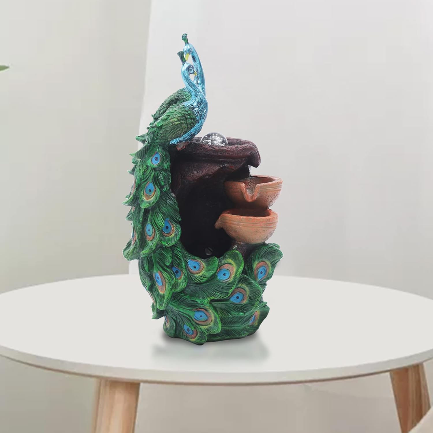 Elegant Indoor Water Fountains with LED Crystal Ball Peacock Shape Resin Feng Shui Ball Fountain Small Desktop Waterfall Fountain for Home Living Room Bedroom Office Decor