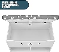 Vista 6 de Caja de juguetes para niños, color gris y blanco con asiento de banco de almacenamiento de cojines, baúl de almacenamiento de juguetes y espacio