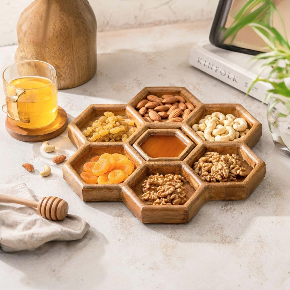 Acacia Wood Honeycomb Serving Platter - 7 Compartments -2
