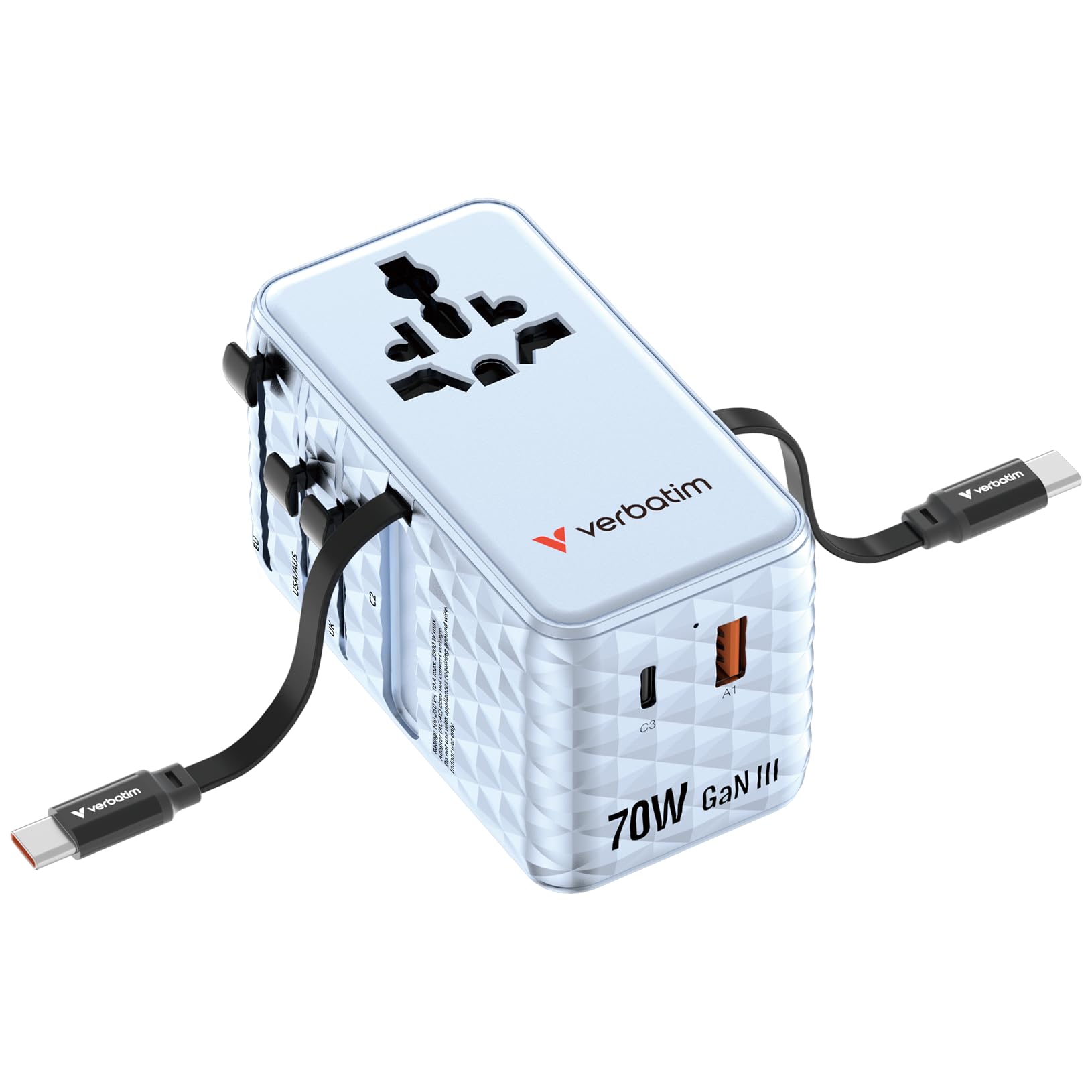 Verbatim GaN - Adattatore da viaggio 70 W, blu, con 2 cavi integrati e USB-C, USB-A, 2 connettori USA/JP, caricatore rapido universale per laptop, smartphone e molto altro ancora, utilizzabile in
