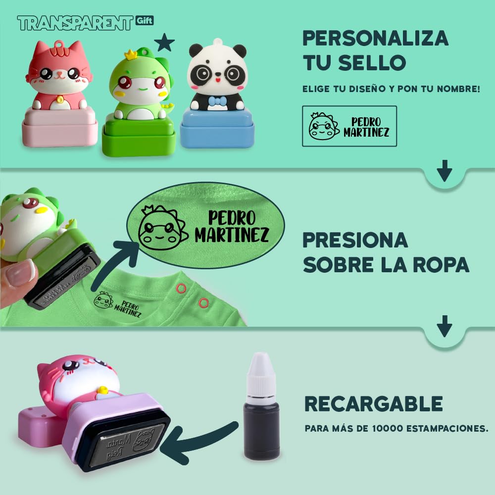 Transparent Gift Sello Personalizado para Ropa Infantil con Nombre Muñecos Animales. Sellos Personalizados Ropa Niños. Sello para Marcar. Tinta Negra Resistente al Agua. Regalos de Vuelta al Cole