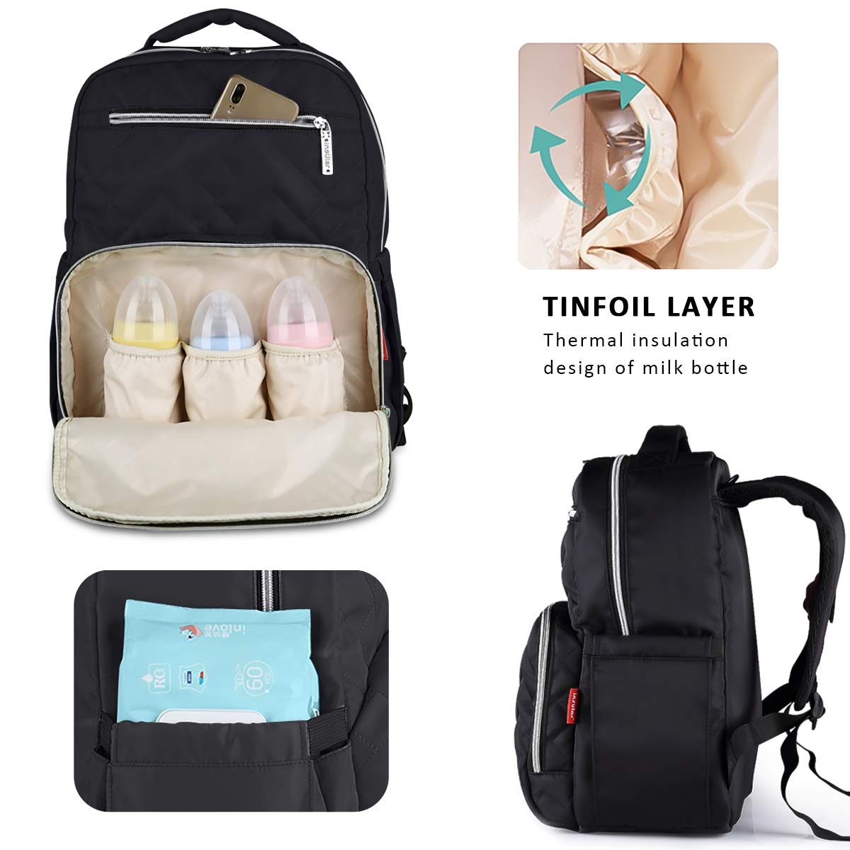 SONARIN Nylon Multifunzione Zaino Fasciatoio Bambino per Pannolini con Fasciatoio,Impermeabile,Borsa antiurto per laptop,Bottiglia borse termiche,Grande Capacità,Elegante e Resistente(Nero)
