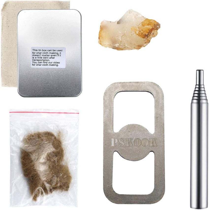 PSKOOK Flint Steel Striker Kit with Pocket Bellow Primitive Fire Starter English Flint Stone Steel Striker