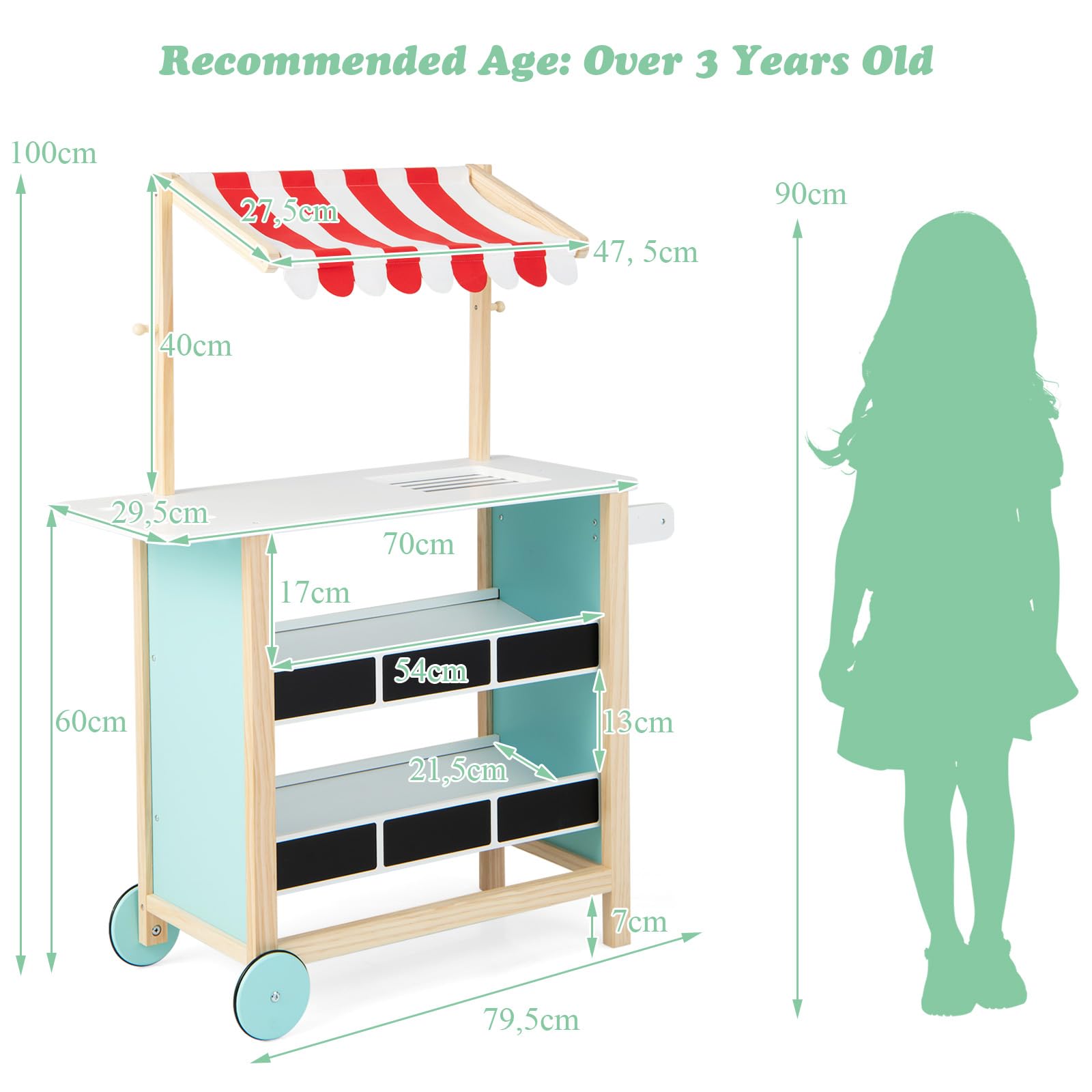 HOMASIS Gelato Truck per Bambini, Negozio di Giocattoli con 6 Gelati, Gelateria con Ruote e Tenda Regolabile, Carrello della Spesa in legno, Set di Bancarella Gioca per Bambini, 3+ Anni (Rosso)