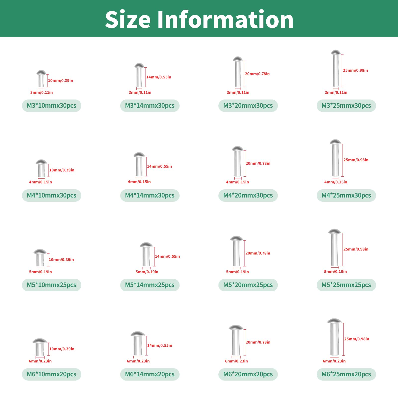 Yauhar 420Pcs M3 M4 M5 M6 × 10mm 14mm 20mm 25mm Solid Aluminum Brazier Head Rivets, High-Strength Universal Solid Rivet Fasteners for Metal Joining and Repair