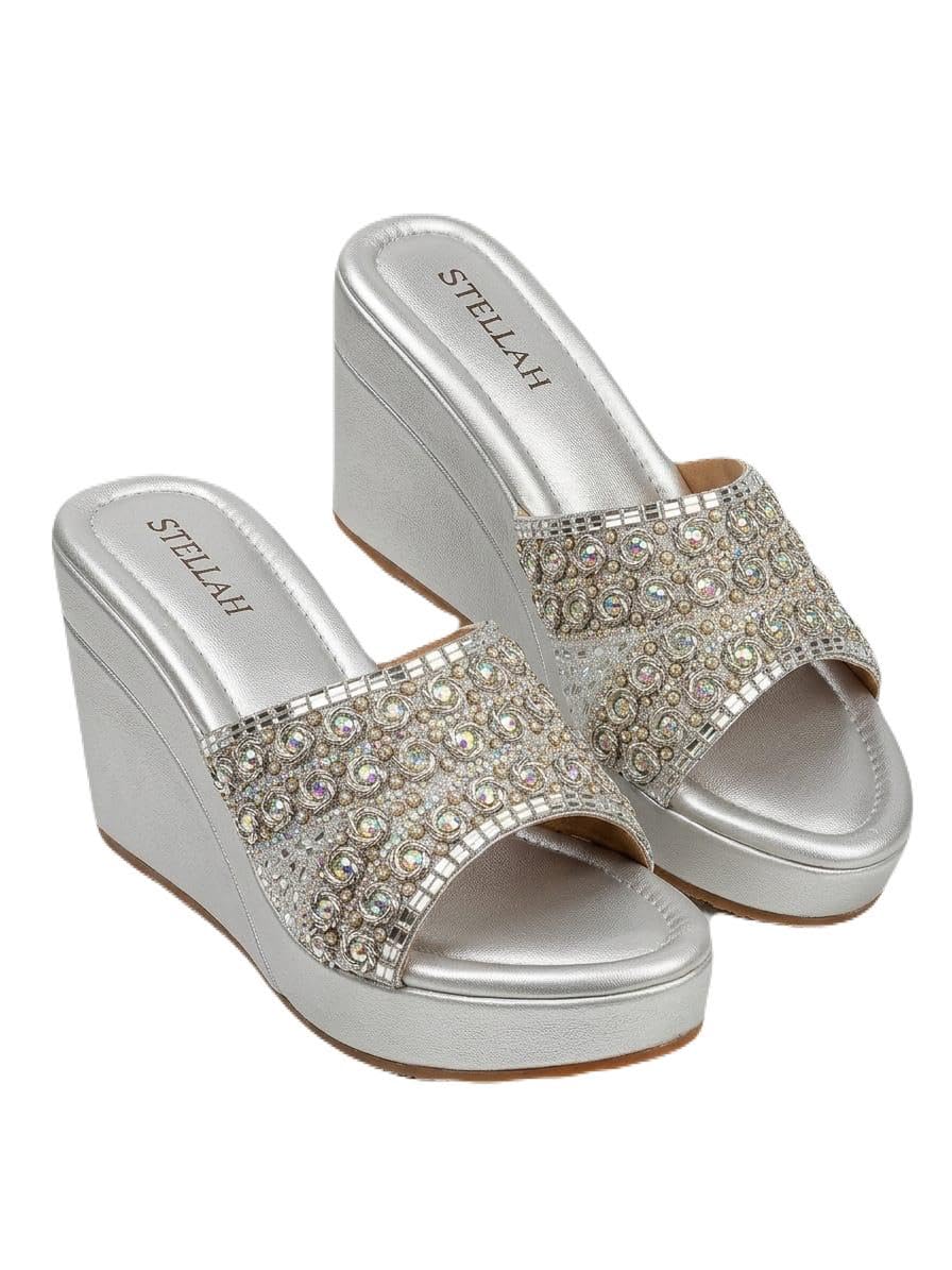 Women’s Silver Embellished Wedge Heel Sandals | Open Toe Slip-On Platform Mules with Rhinestone Studded Strap | Stylish Party, Wedding & Occasion Wear Heels for Women-image-43
