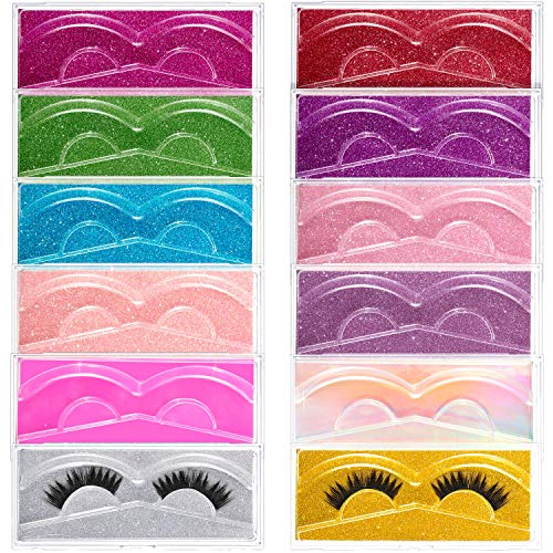 12 Pieces Empty Eyelash Case Glitter Paper Plastic Eyelash Packaging Box False Eyelash Storage Box with Clear Tray for Eyelash Care, Eye Makeup Tool for Women Girls (Colorful Glitter Bottom Card)