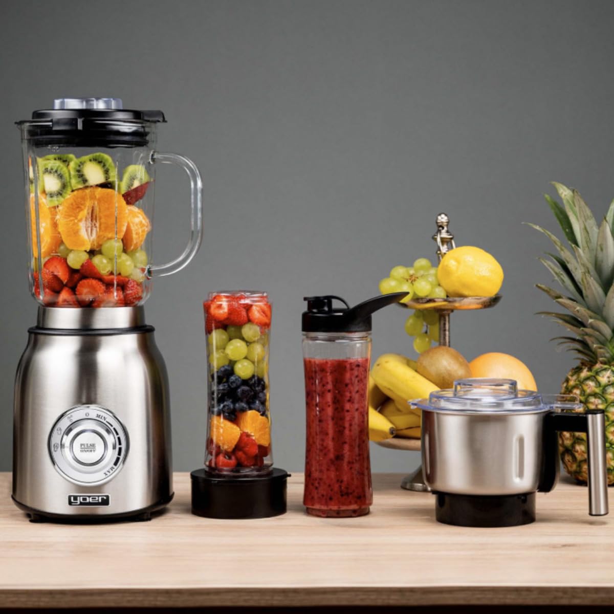 Yoer Titano JB03S, Blender Kielichowy 4w1, młynek do kawy i ziół, mikser do przyrządzania smoothie i koktajli, tytanowe ostrza, wielofunkcyjny, stołowy, stojący, srebrny