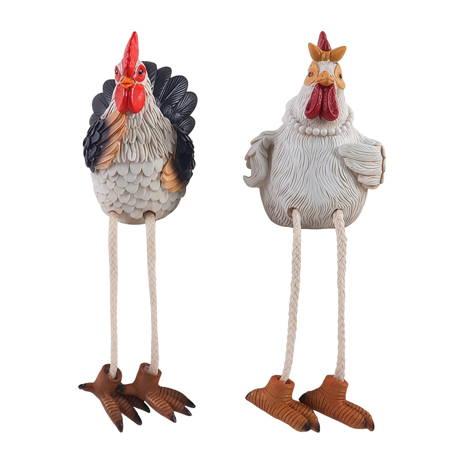 Hredwep 2Pcs Funny Sitting Chicken Couple Figurines Resin Rooster and Hen Statue with Dangling Legs for Offices Desk or Shelf Resin Sitting Chicken Figurine Set