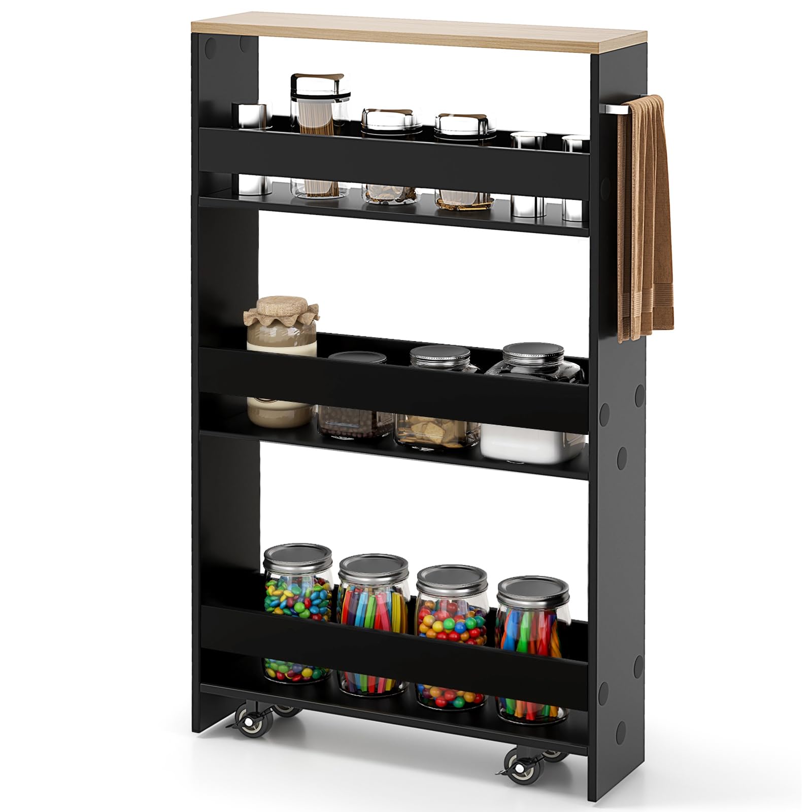 Carrito de almacenamiento delgado con ruedas, carrito de cocina de 4 niveles con ruedas, carrito organizador de estantería de madera con asa, carrito estrecho de 5 pulgadas de ancho para