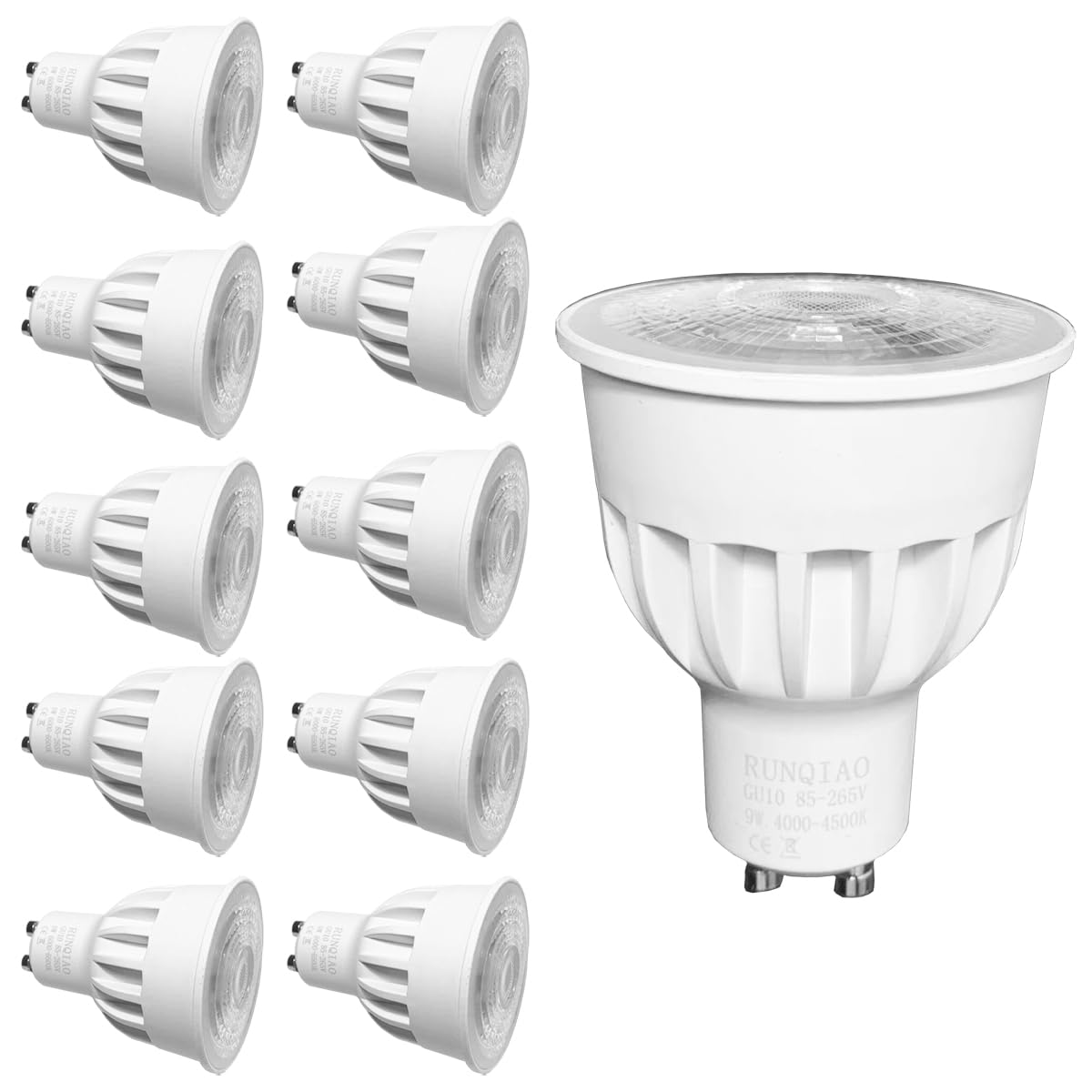 RunQiao GU10 Energy Saving LED Bulb,9W High Power LED Spot Lights, for Ceiling,90W Halogen Bulbs Equivalent, AC 85-240V, Pack of 10 Natural White, 9W 32° Beam Angle