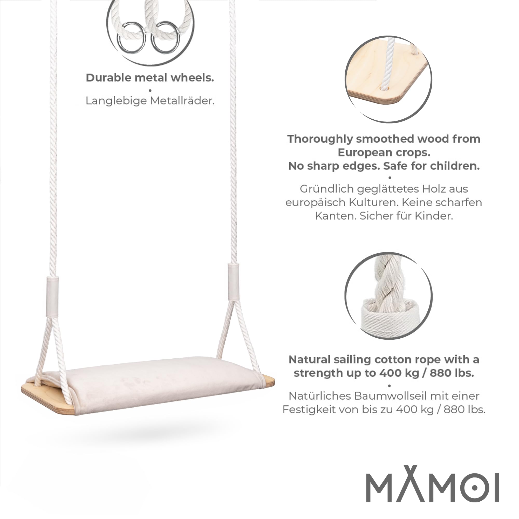 MAMOI® Holzschaukel mit Velvet-Kissen, Holzsitz für den Innen- und Außenbereich, verstellbare Baumwollseile, bis 100 kg, Made in EU