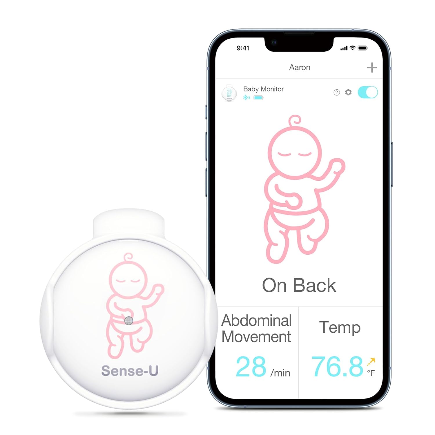 Sense-U Smart Baby Abdominal Movement Monitor - Tracks Baby's Abdominal Movement, Temperature, Rollover with Instant Audio Alerts on Smartphones (Pink)