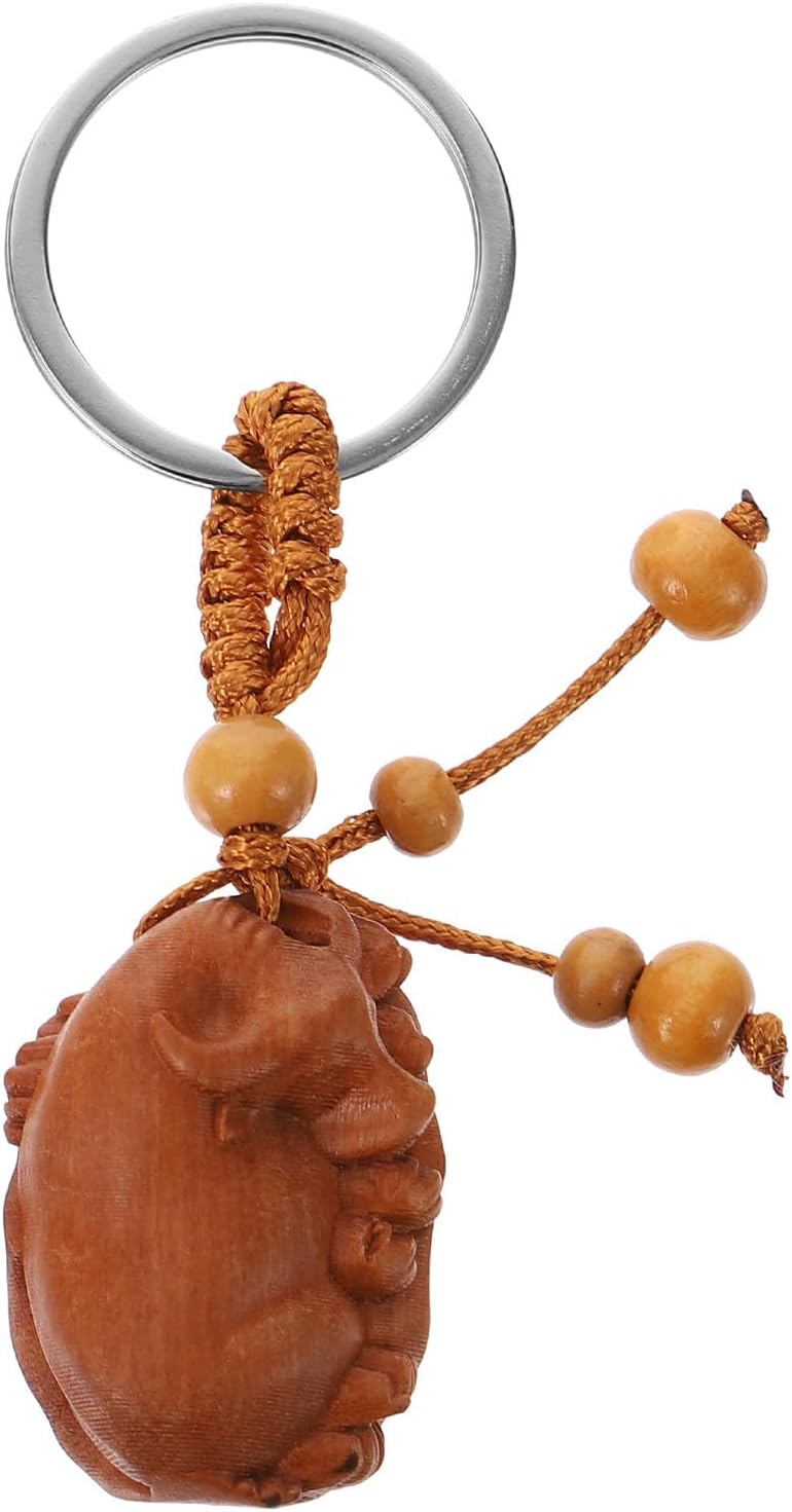 Generic Peach Wood Ox Key Ring Zodiac Ox Key Chain Pendant Feng Shui Style Sturdy Car Accessories
